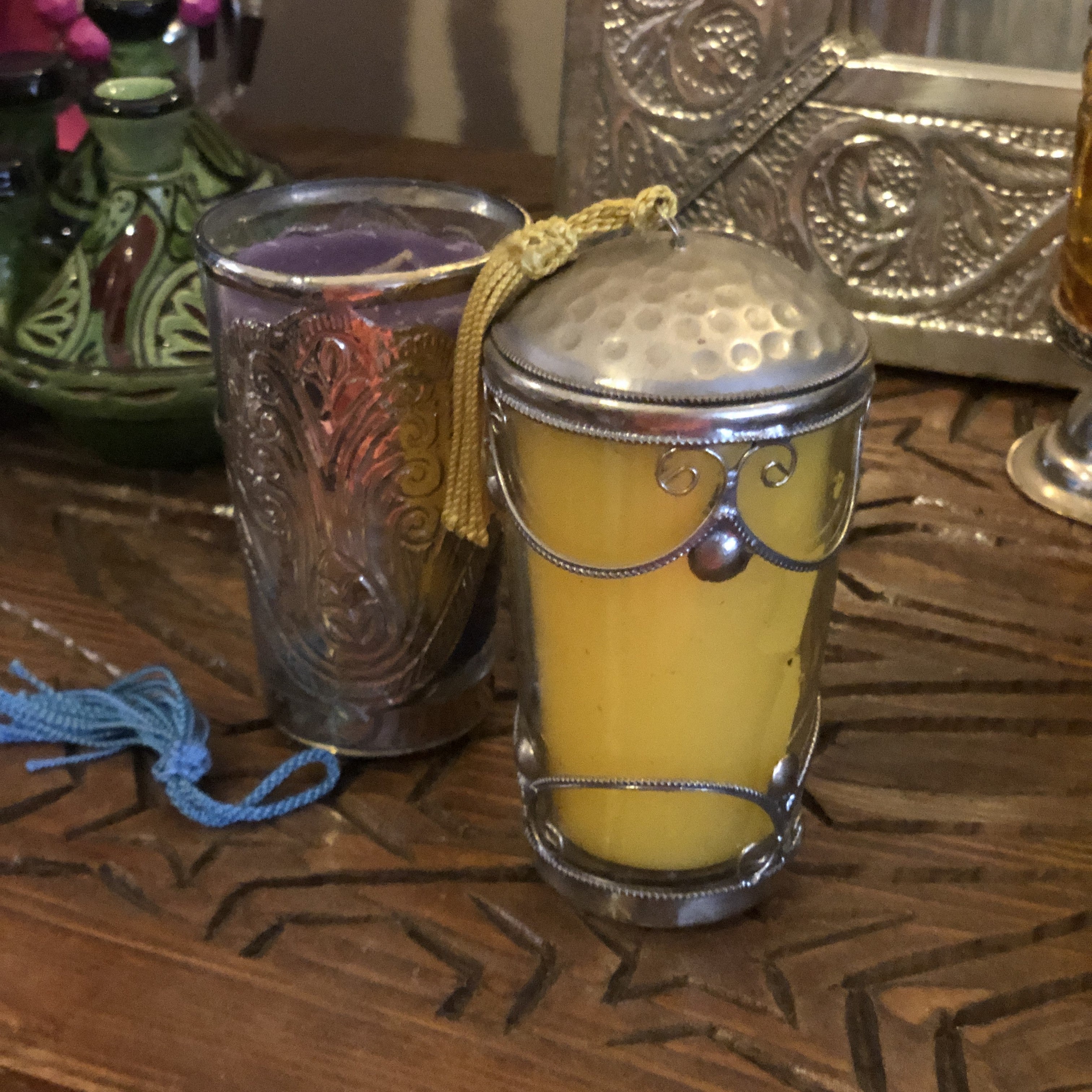 Glass Candle with Tassel and Silver Embellishments - Pair