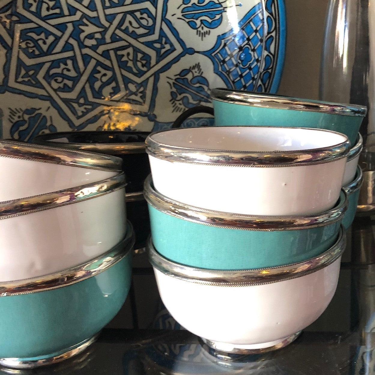 Fez Bowl with Silver Edging in White - Set of 2