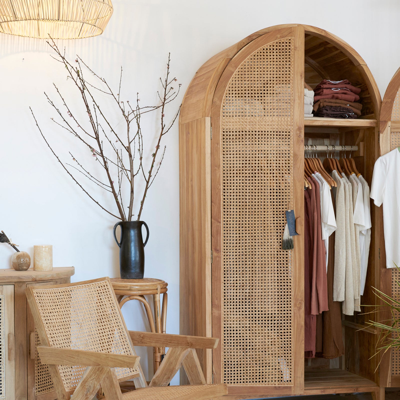 Navah Rattan and Teak Rounded Wardrobe