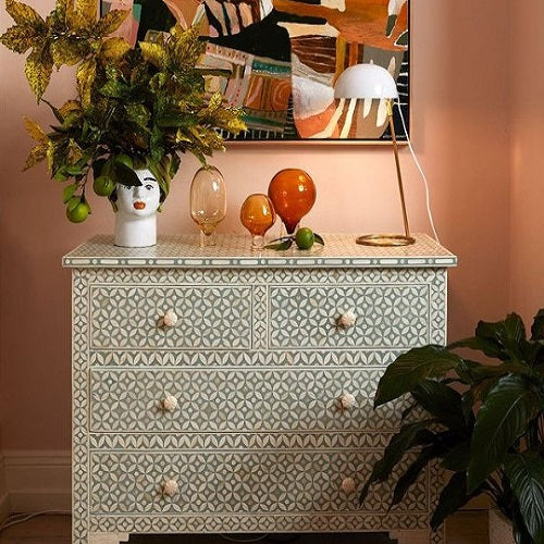 Bone Inlay 4 Drawer Chest in Chevron Black