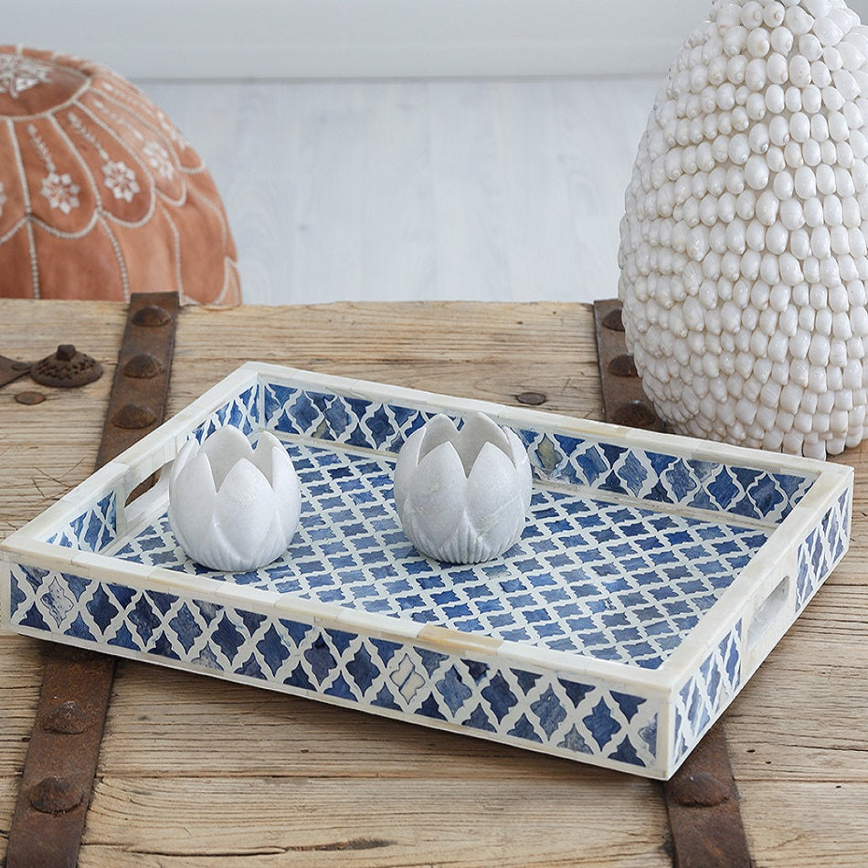 Bone Inlay Rectangular Tray in Quatrefoil/Indigo