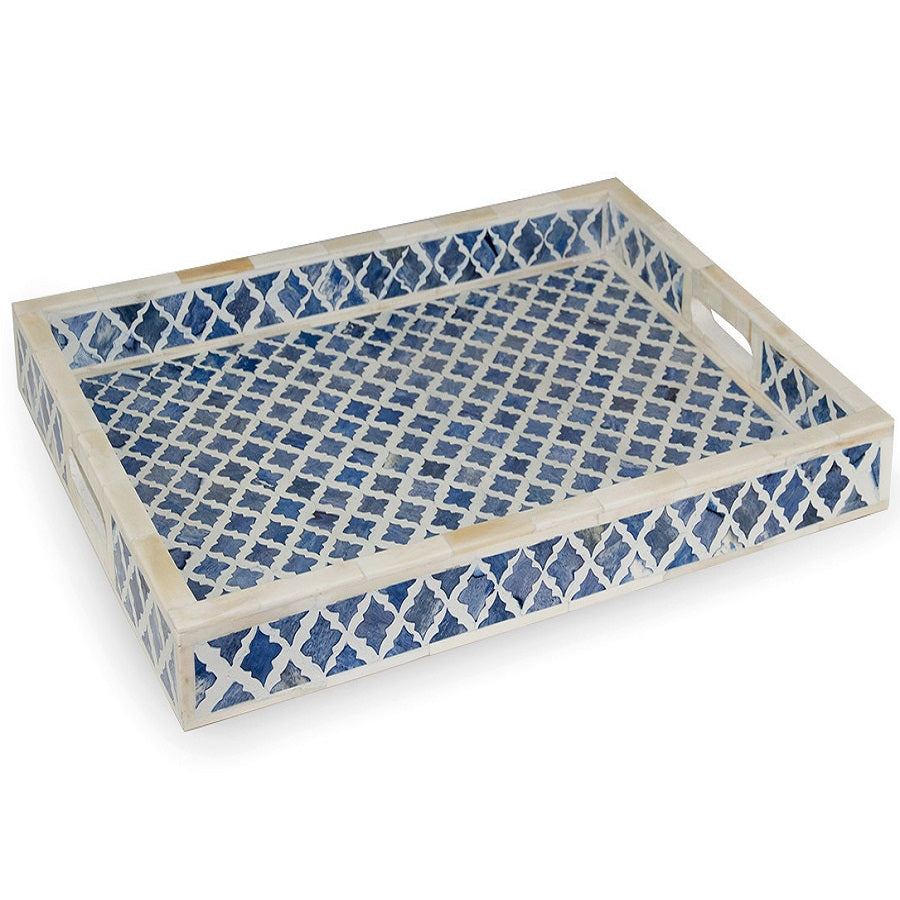Bone Inlay Rectangular Tray in Quatrefoil/Indigo