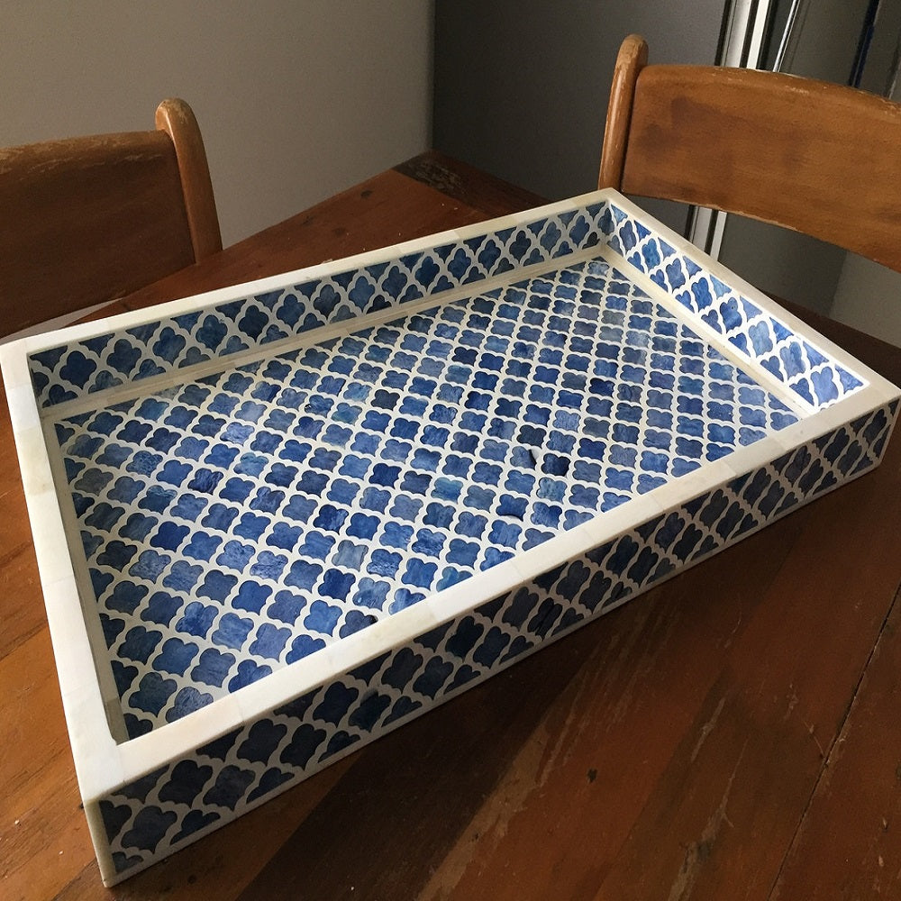 Bone Inlay Rectangular Tray in Quatrefoil/Indigo