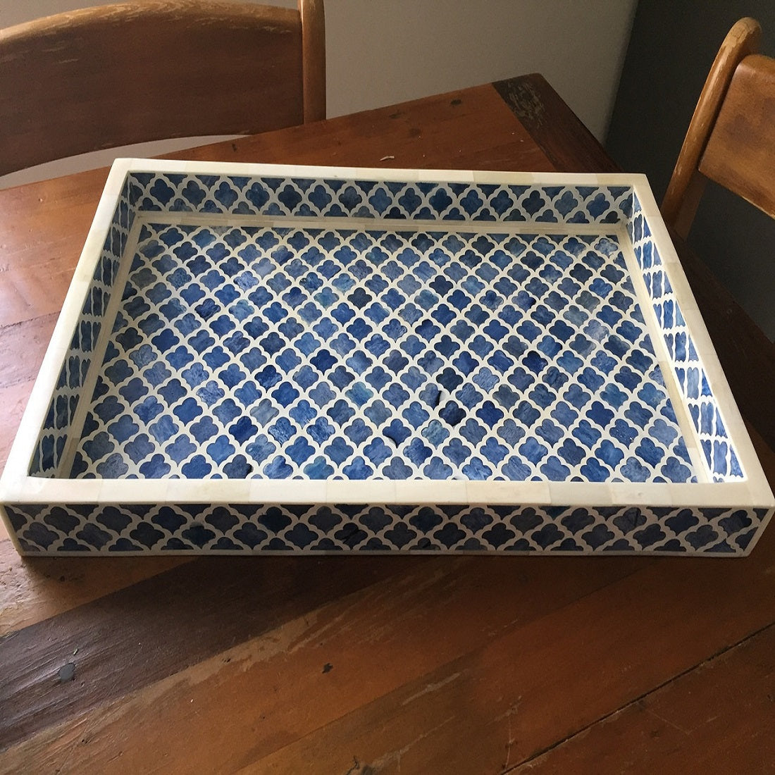 Bone Inlay Rectangular Tray in Quatrefoil/Indigo