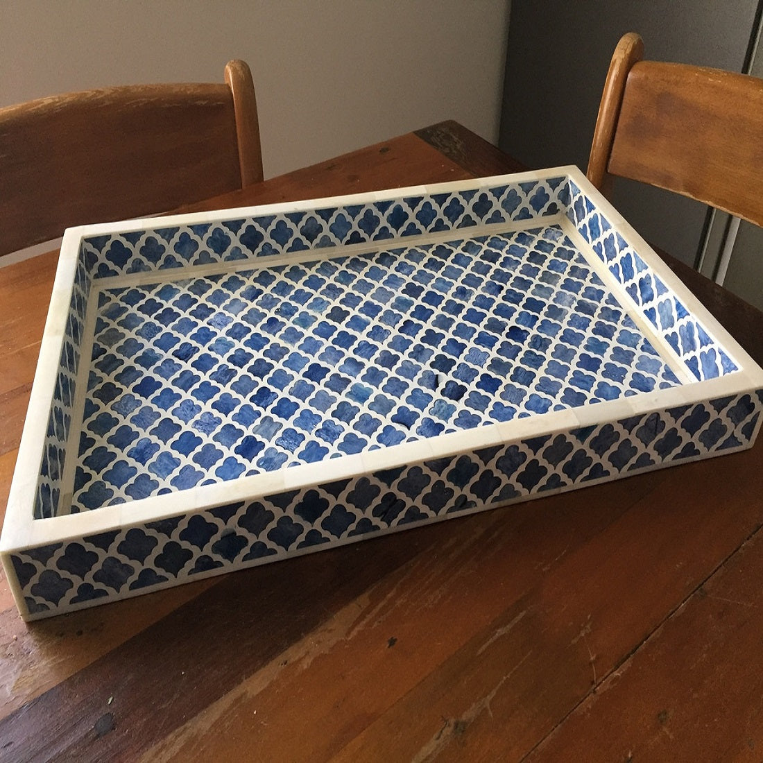 Bone Inlay Rectangular Tray in Quatrefoil/Indigo