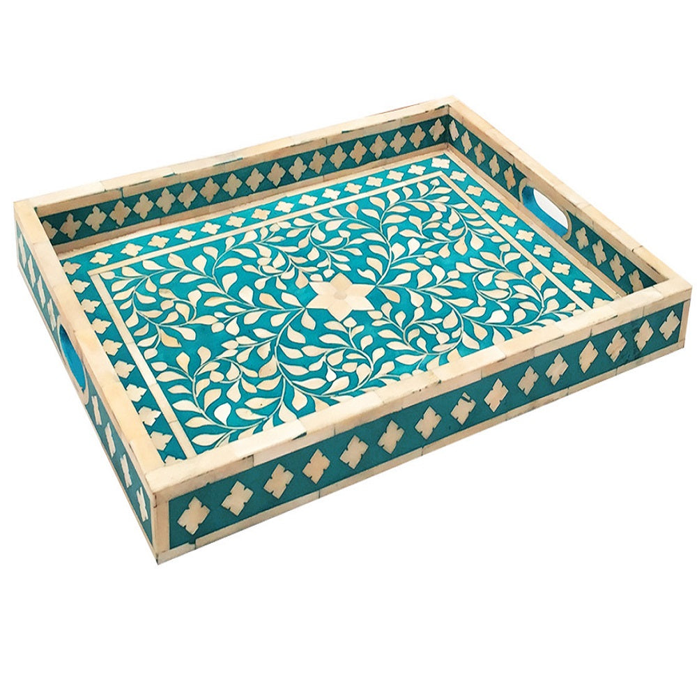 Bone Inlay Rectangular Tray in Floral/Turquoise