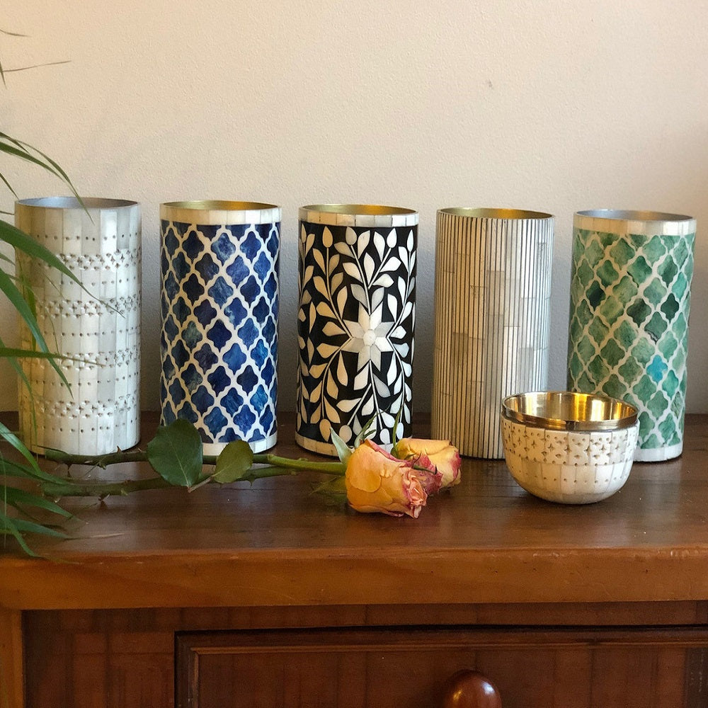 Bone Inlay Vase in Charcoal Stripe