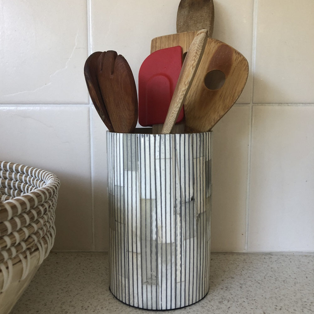 Bone Inlay Vase in Charcoal Stripe