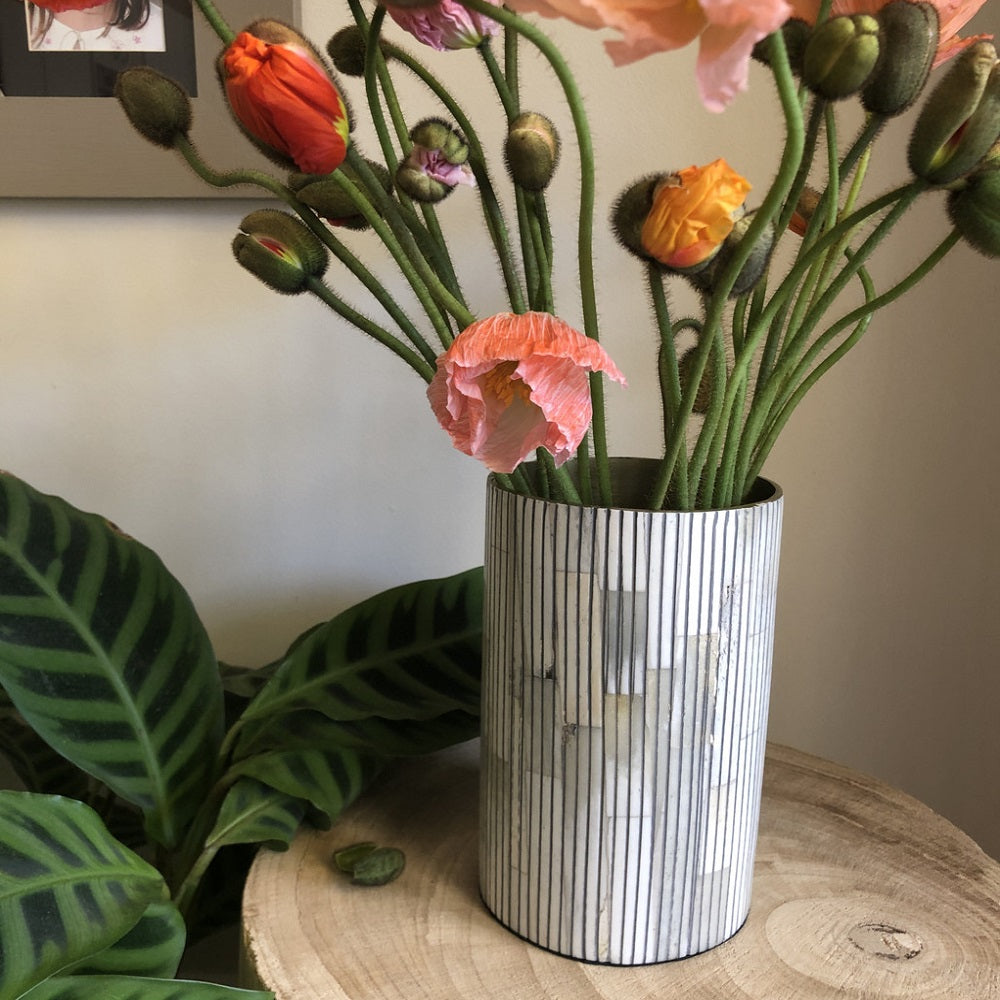 Bone Inlay Vase in Charcoal Stripe