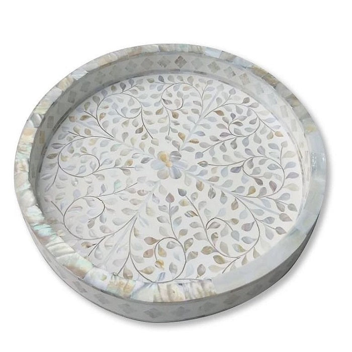 Mother of Pearl Inlay Small Round Tray in White