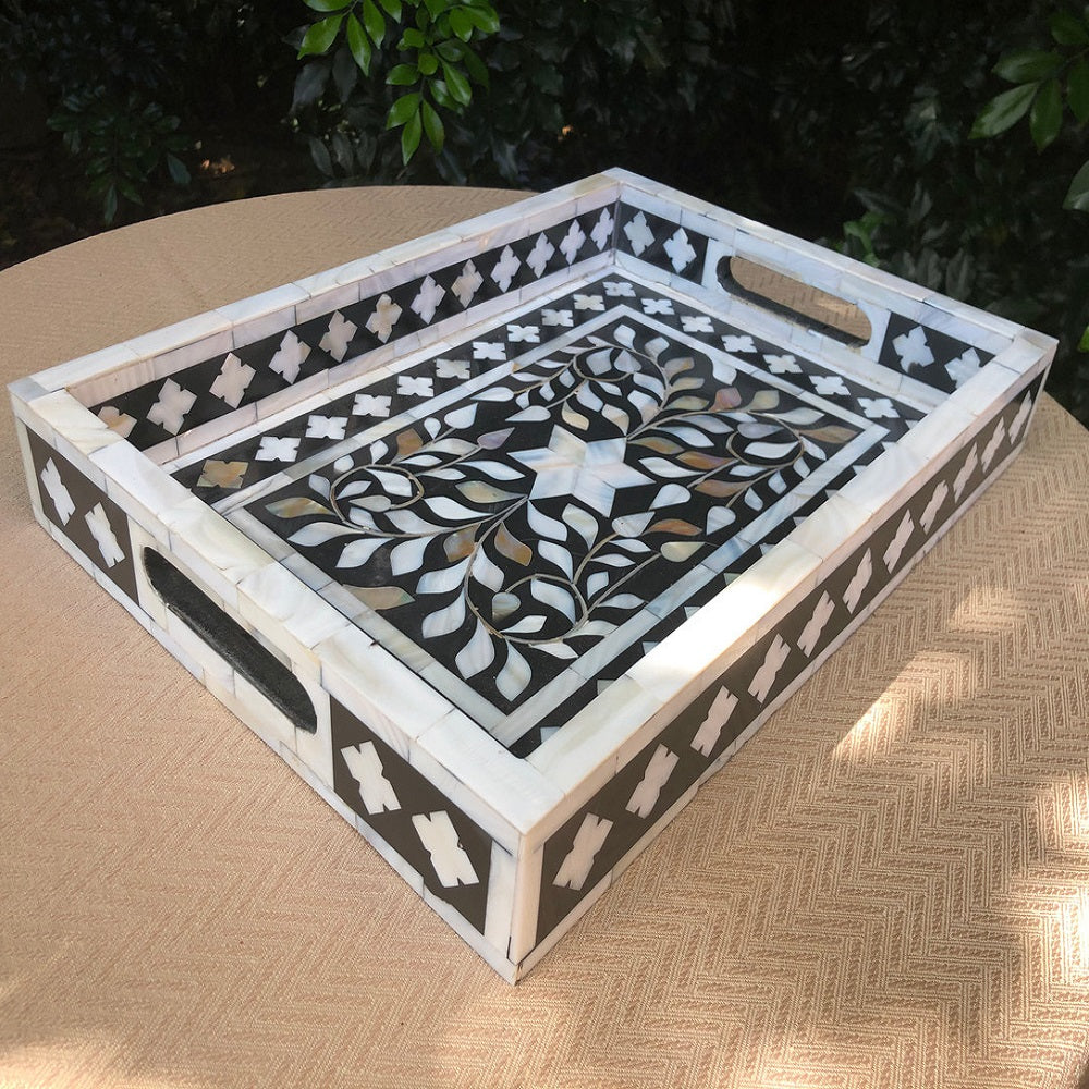 Mother of Pearl Inlay Medium Round Tray in Grey