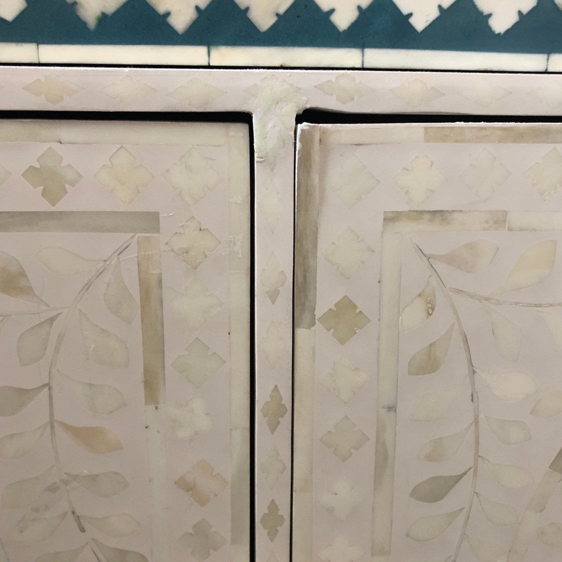 Bone Inlay Corner Cabinet in White - Warehouse Sale