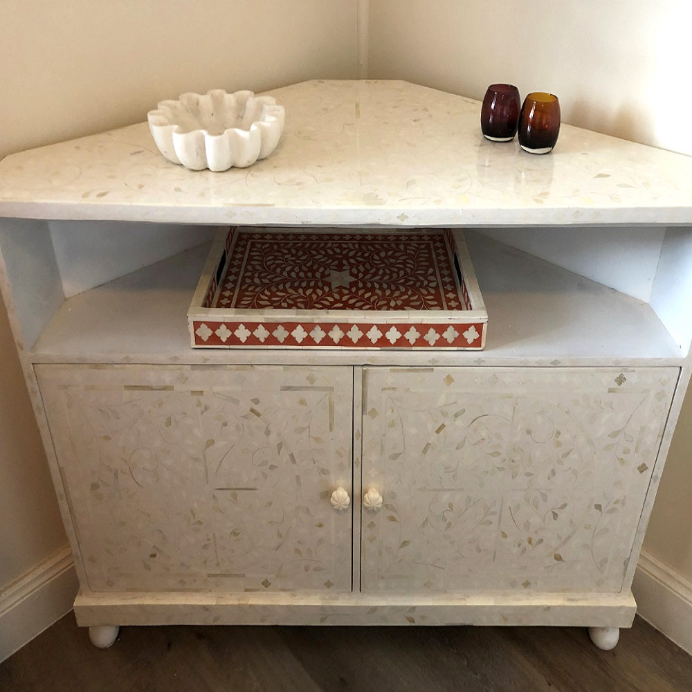 Bone Inlay Corner Cabinet in White - Warehouse Sale
