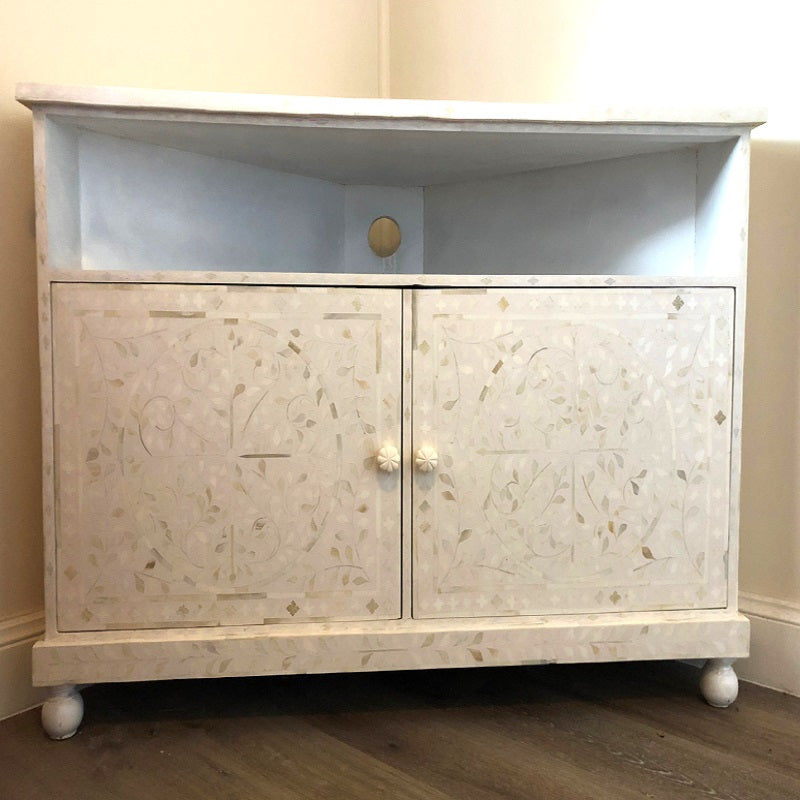Bone Inlay Corner Cabinet in White - Warehouse Sale