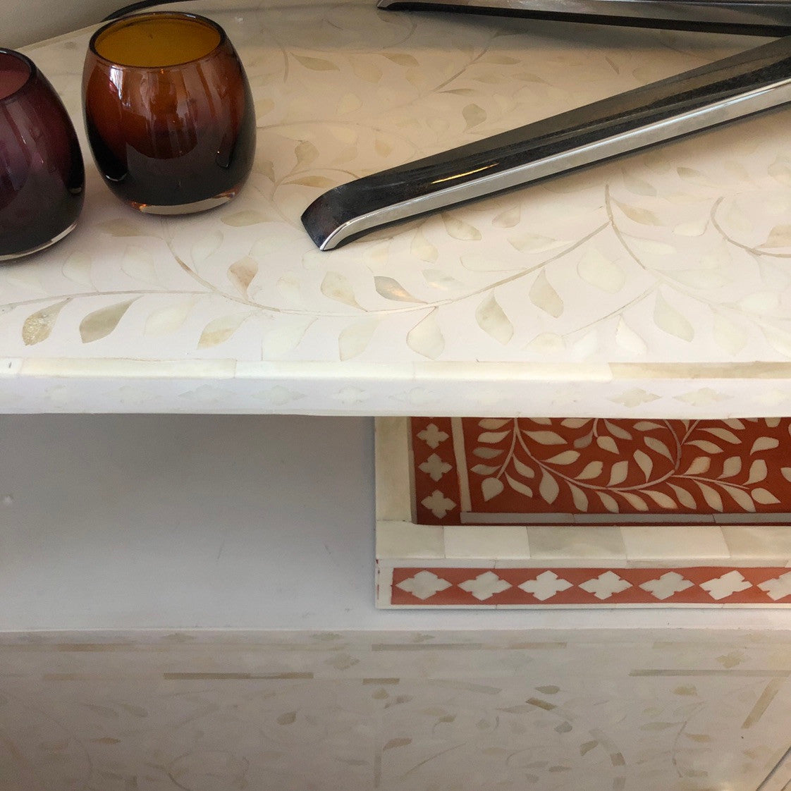 Bone Inlay Corner Cabinet in White - Warehouse Sale