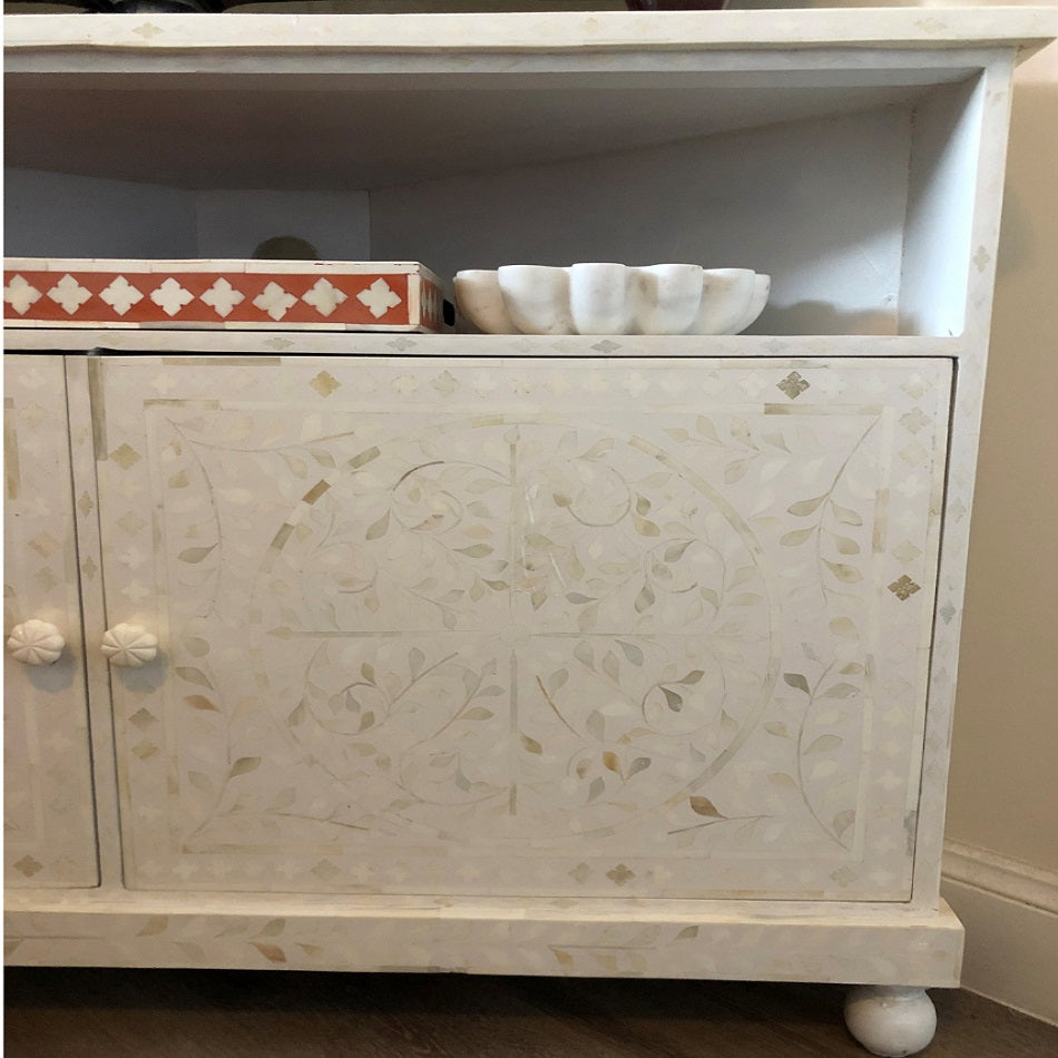 Bone Inlay Corner Cabinet in White - Warehouse Sale