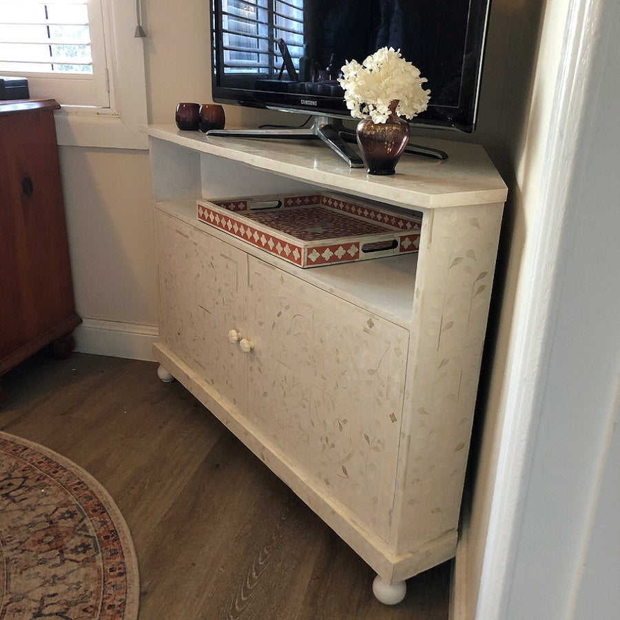 Bone Inlay Corner Cabinet in White - Warehouse Sale