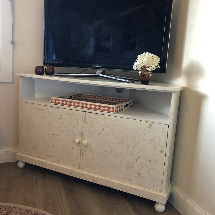 Bone Inlay Corner Cabinet in White - Warehouse Sale