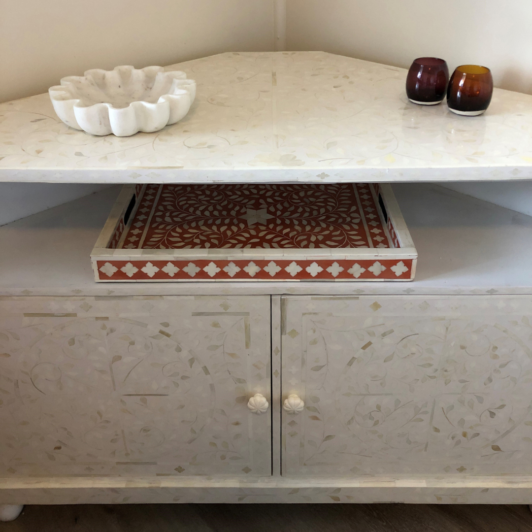 Bone Inlay Corner Cabinet in White - Warehouse Sale