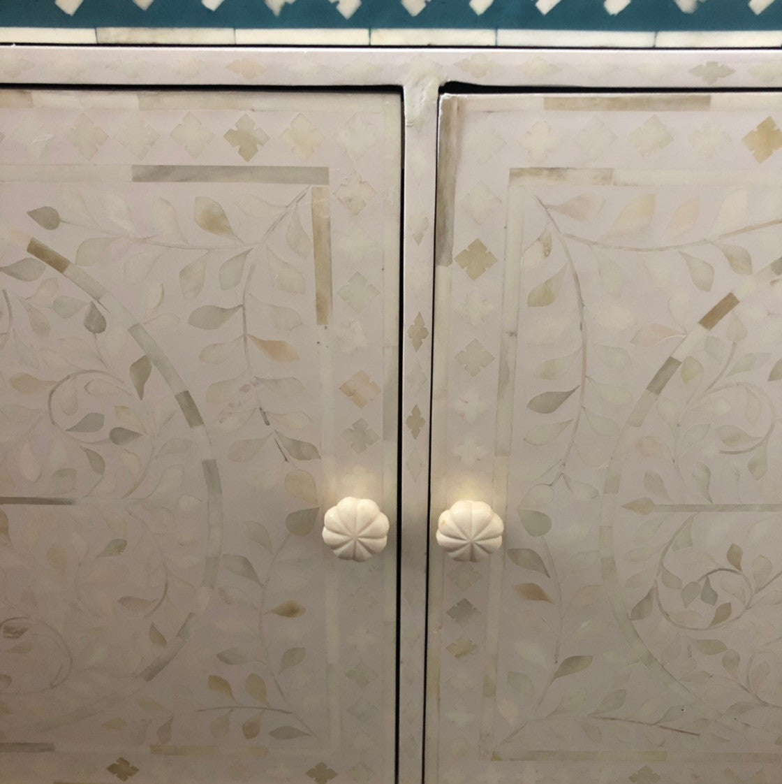 Bone Inlay Corner Cabinet in White - Warehouse Sale