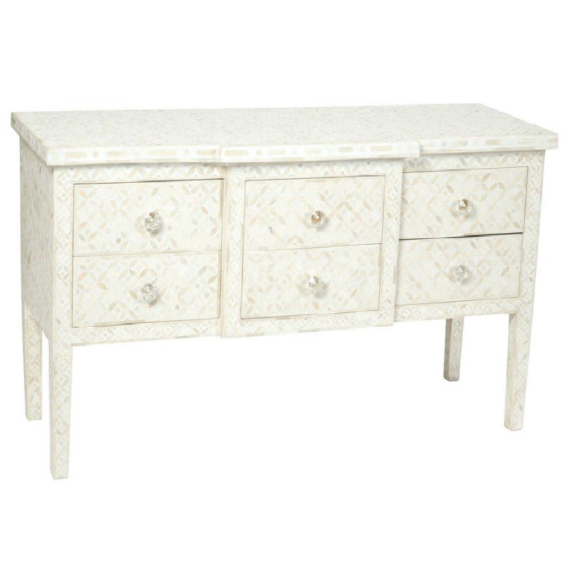 Bone Inlay Eye Design 6 Drawer Dresser in White
