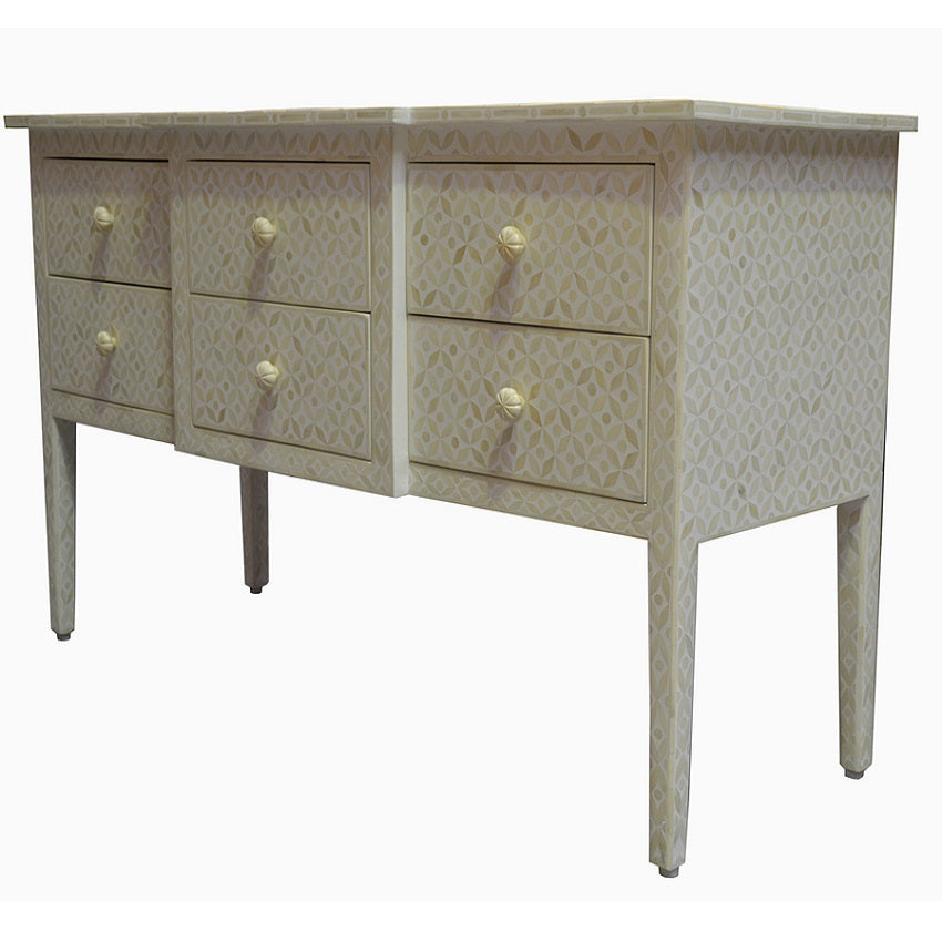 Bone Inlay Eye Design 6 Drawer Dresser in White