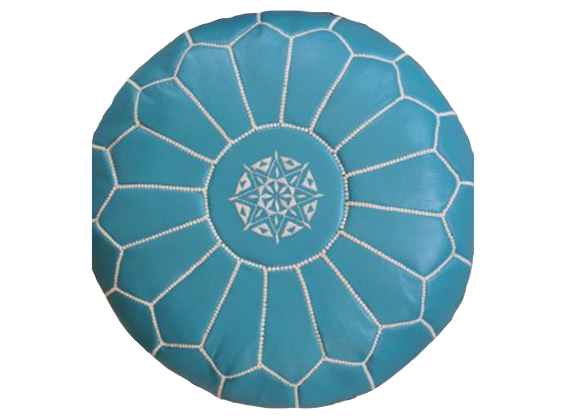 Moroccan Leather Pouffe in Turquoise