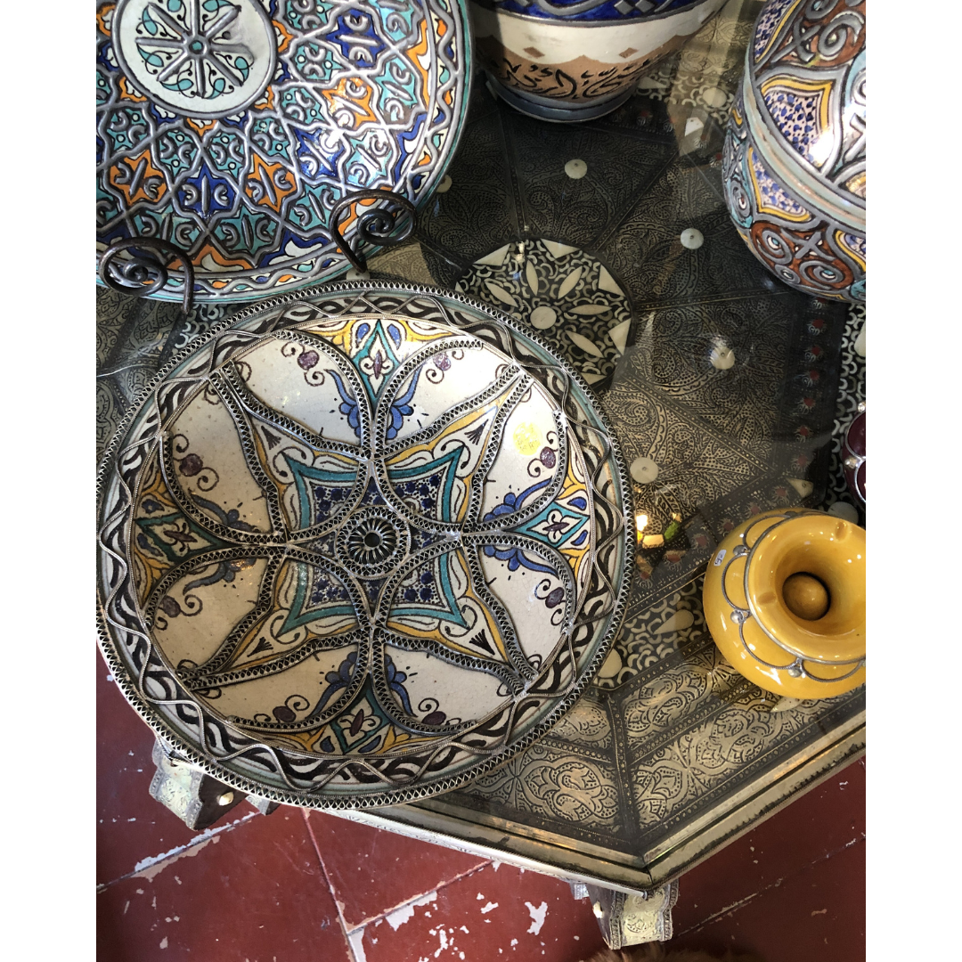 Moroccan Shallow Bowl in Blues and Orange with Metal Embellishment