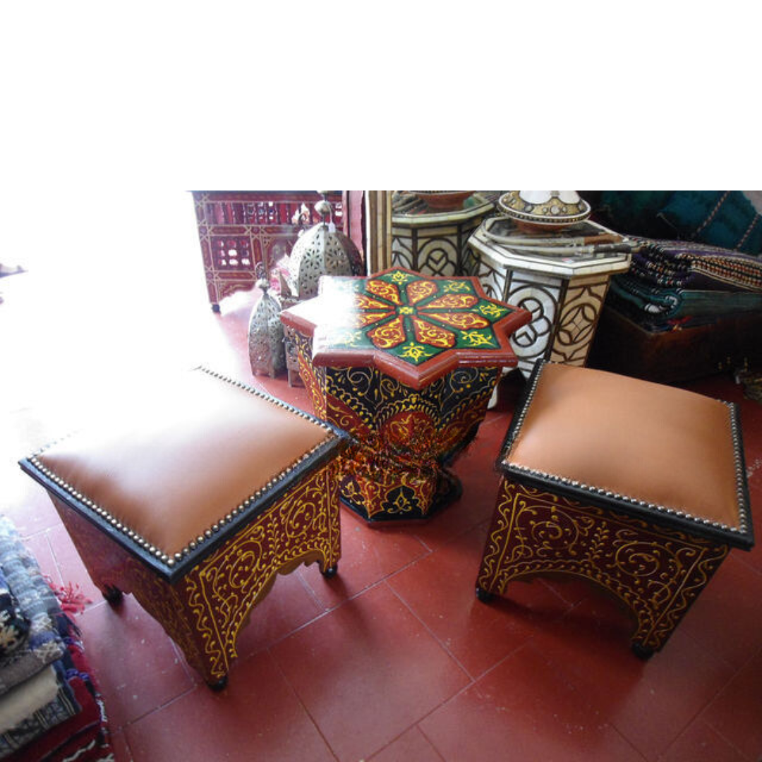 Moroccan Square Stools with Leather Pad
