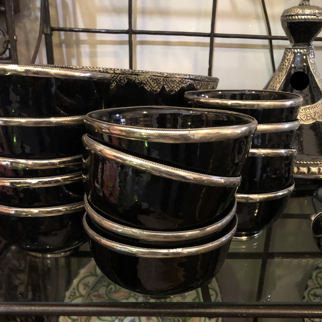 Fez Bowl with Silver Edging in Black - Set of 2