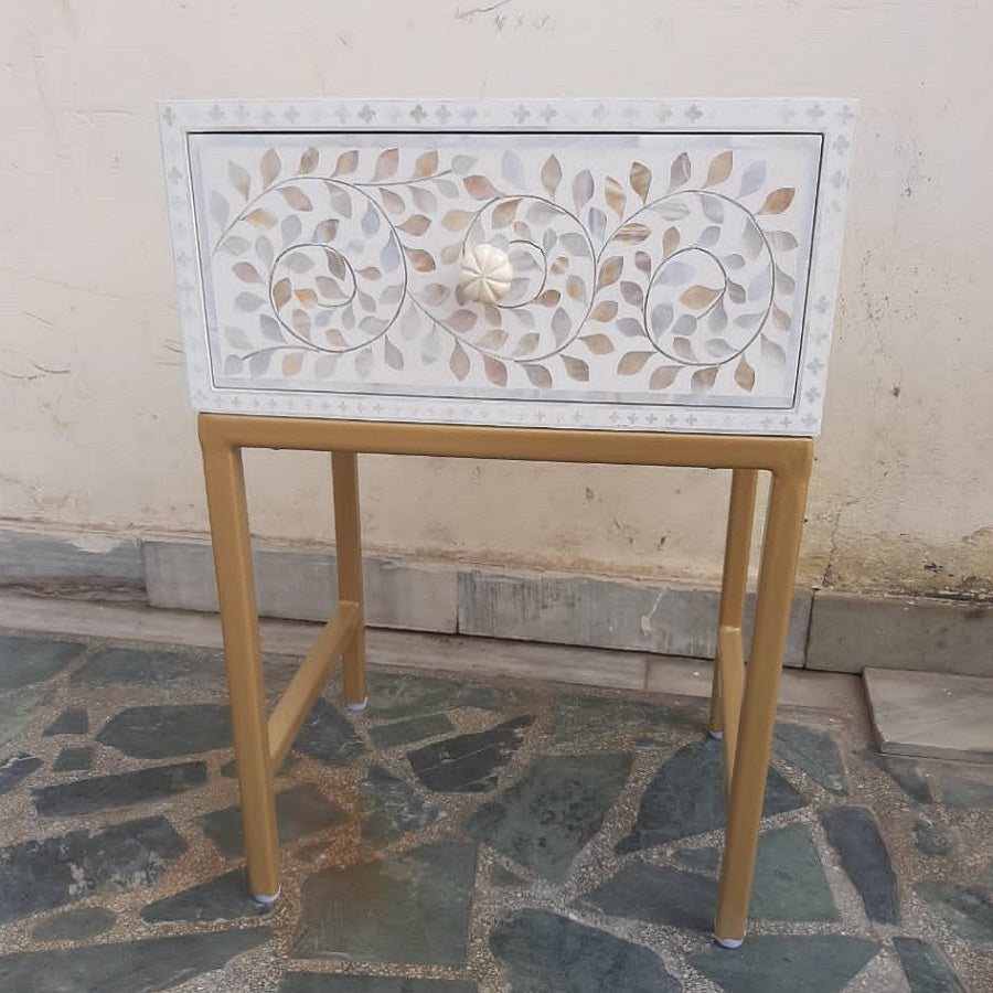 Mother of Pearl Inlay Lori Bedside Table with Brass Legs in White