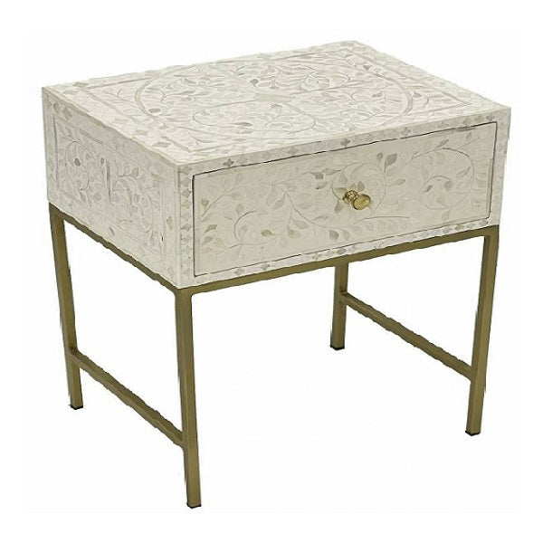 Mother of Pearl Inlay Tall Bedside Table in Floral/Grey