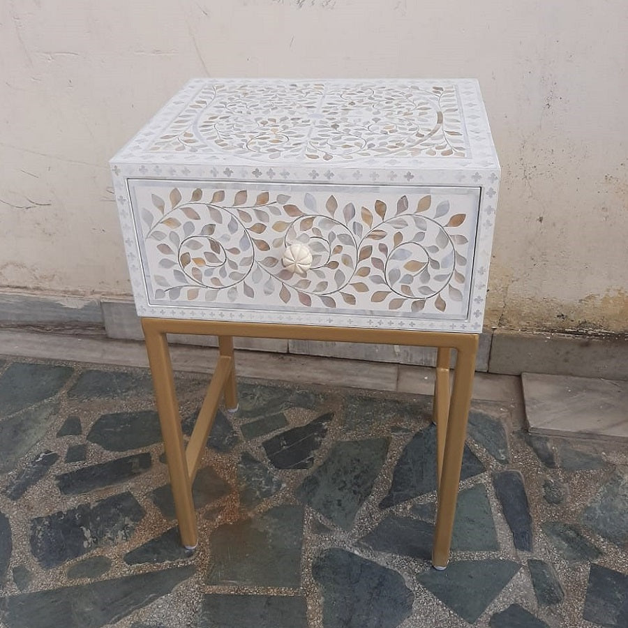 Mother of Pearl Inlay Lori Bedside Table with Brass Legs in White