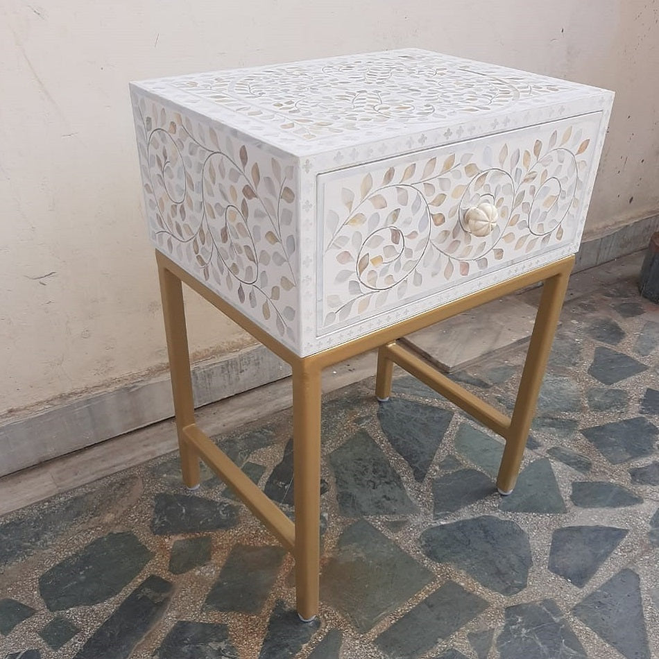 Mother of Pearl Inlay Tall Bedside Table in Floral/Grey