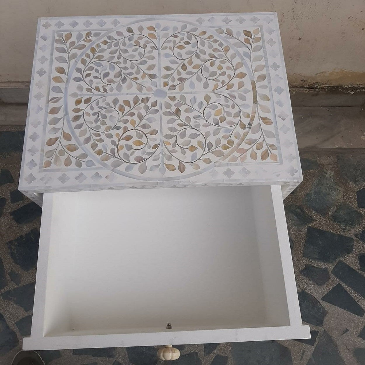 Mother of Pearl Inlay Tall Bedside Table in Floral/Grey