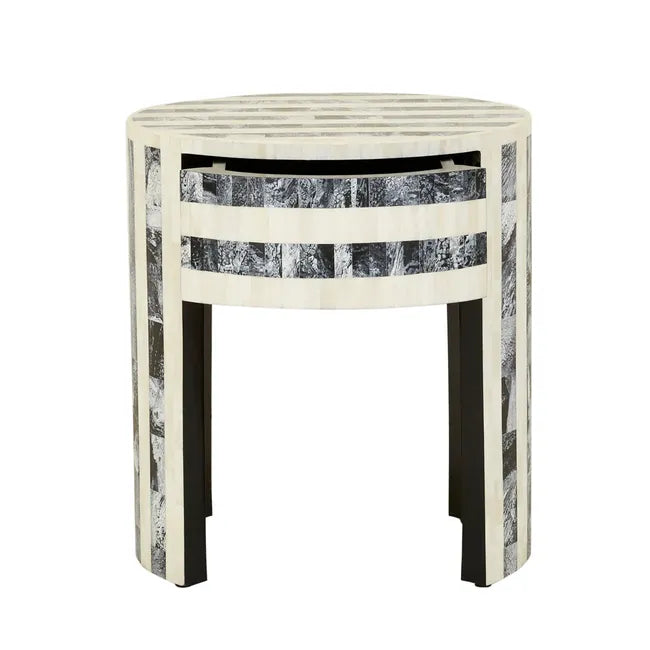 Bone Inlay Round Bedside Table in Black