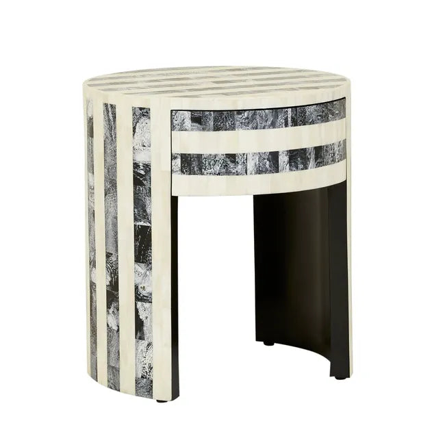 Bone Inlay Round Bedside Table in Black
