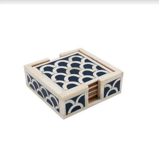 Bone Inlay Coasters with Holder in Indigo
