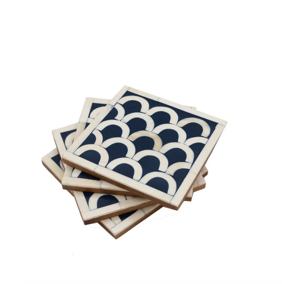 Bone Inlay Coasters with Holder in Indigo