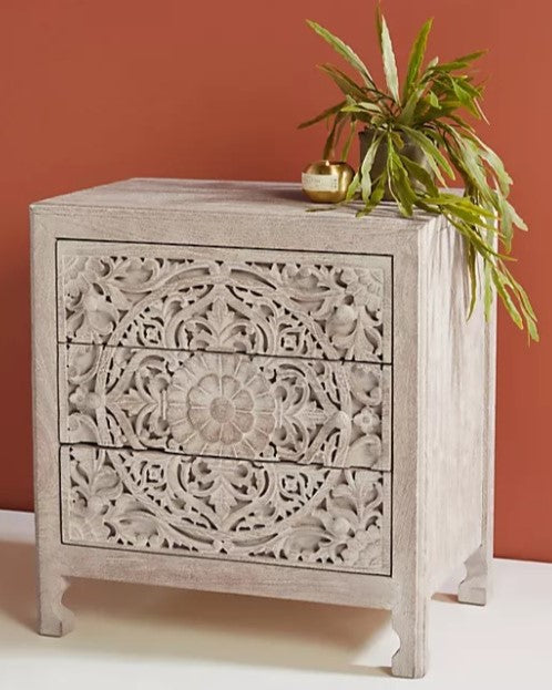 Hand Carved Timber Cut-Out Bedside Table in Natural
