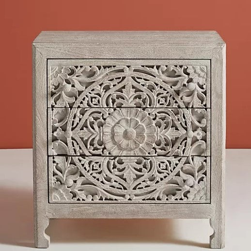 Hand Carved Timber Cut-Out Bedside Table in Natural