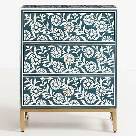 Bone Inlay 3 Drawer Bedside Chest in Slate