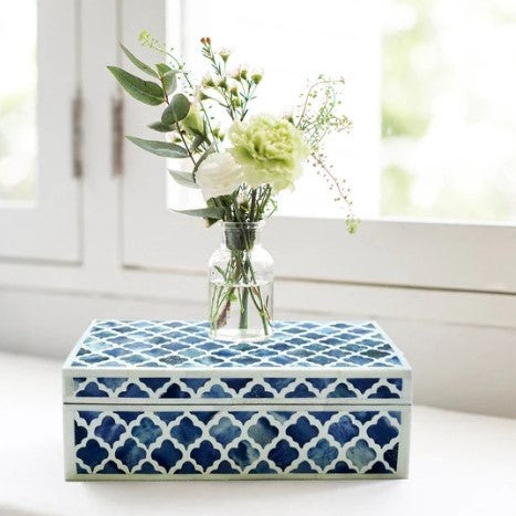 Zohi Interiors Signature Collection : Bone Inlay Box in Quatrefoil/Blue