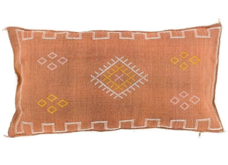 Genuine Moroccan Cactus Silk Rectangular Pillow in Ochre