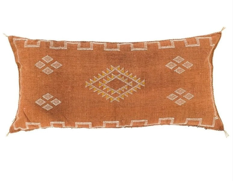 Genuine Moroccan Cactus Silk Rectangular Pillow in Ochre