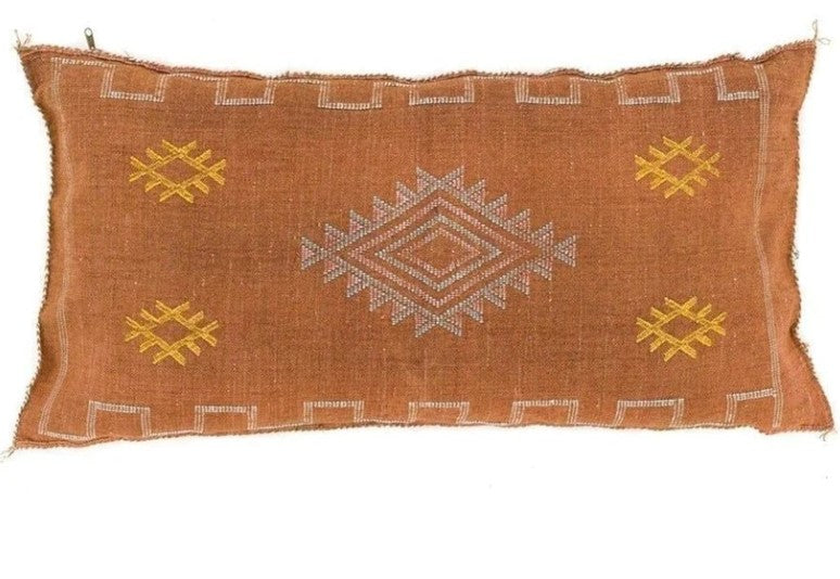 Genuine Moroccan Cactus Silk Rectangular Pillow in Ochre