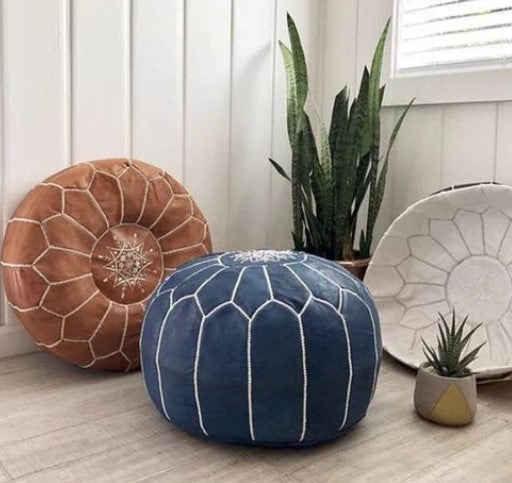 Moroccan Leather Pouffe in Blue