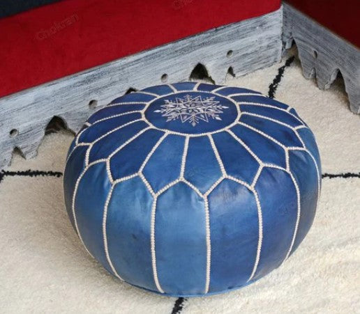 Moroccan Leather Pouffe in Blue