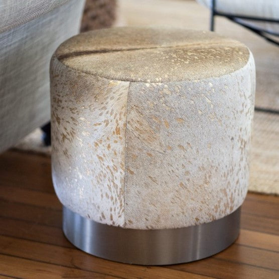 Cowhide Ottoman in White & Gold