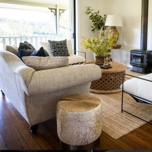 Cowhide Ottoman in White & Gold